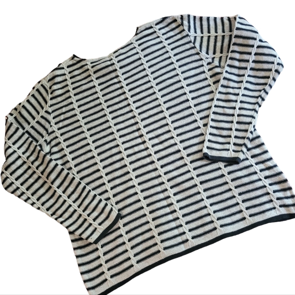 ALEXANDRA BARTLETT | Black and Wheat Striped Crewneck Sweater, Sz. XL